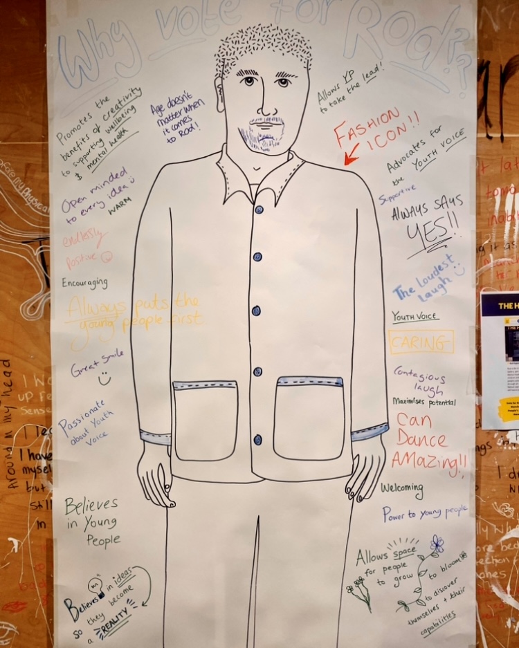Hand drawn doodle of Rod our Creative Lead where the team have added handwritten quotes and qualities in appreciation of his work